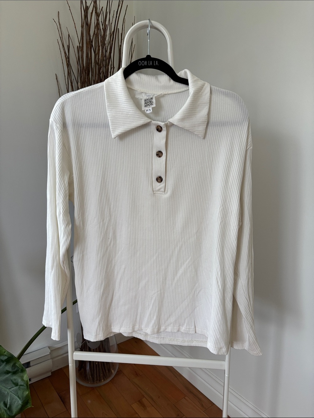 White Ribbed Polo Long-Sleeve Top